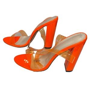 Neon Orange Block Heel Strappy Sandals